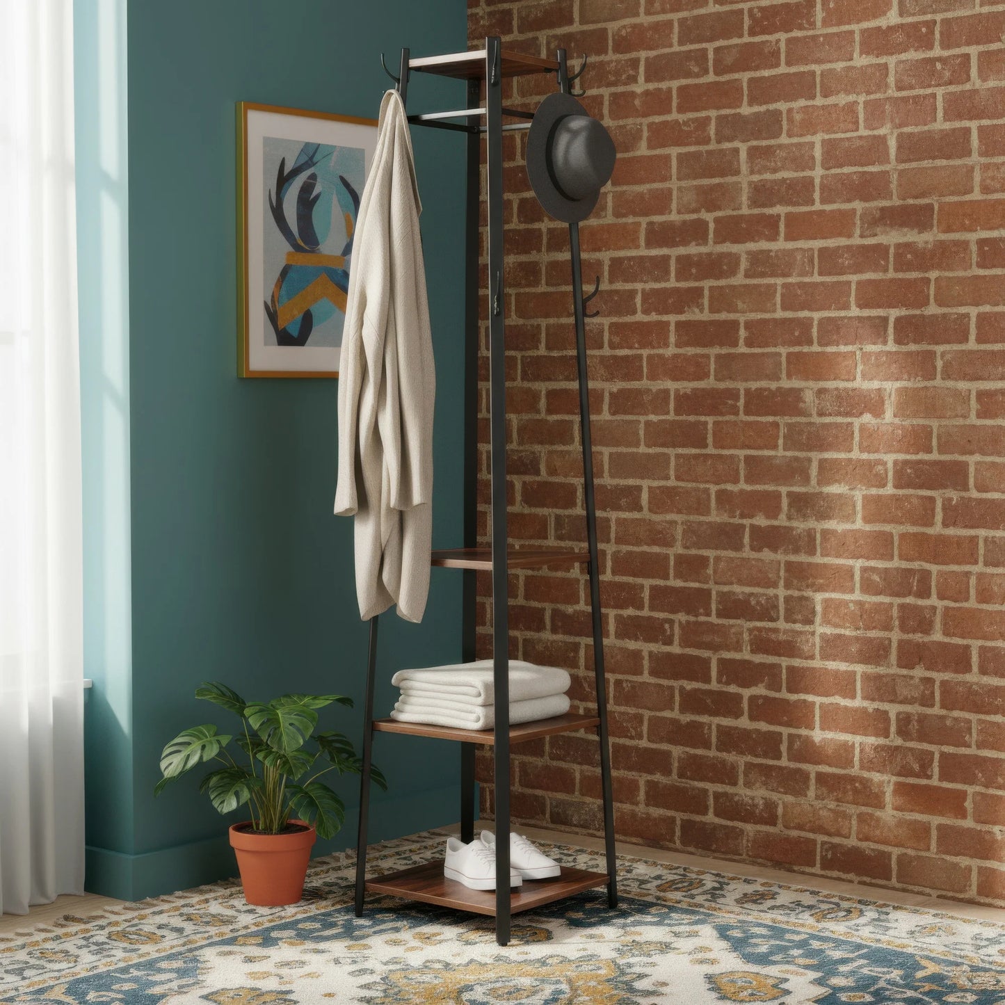 Portant vêtements deux étages en métal fer antique, stable et vertical