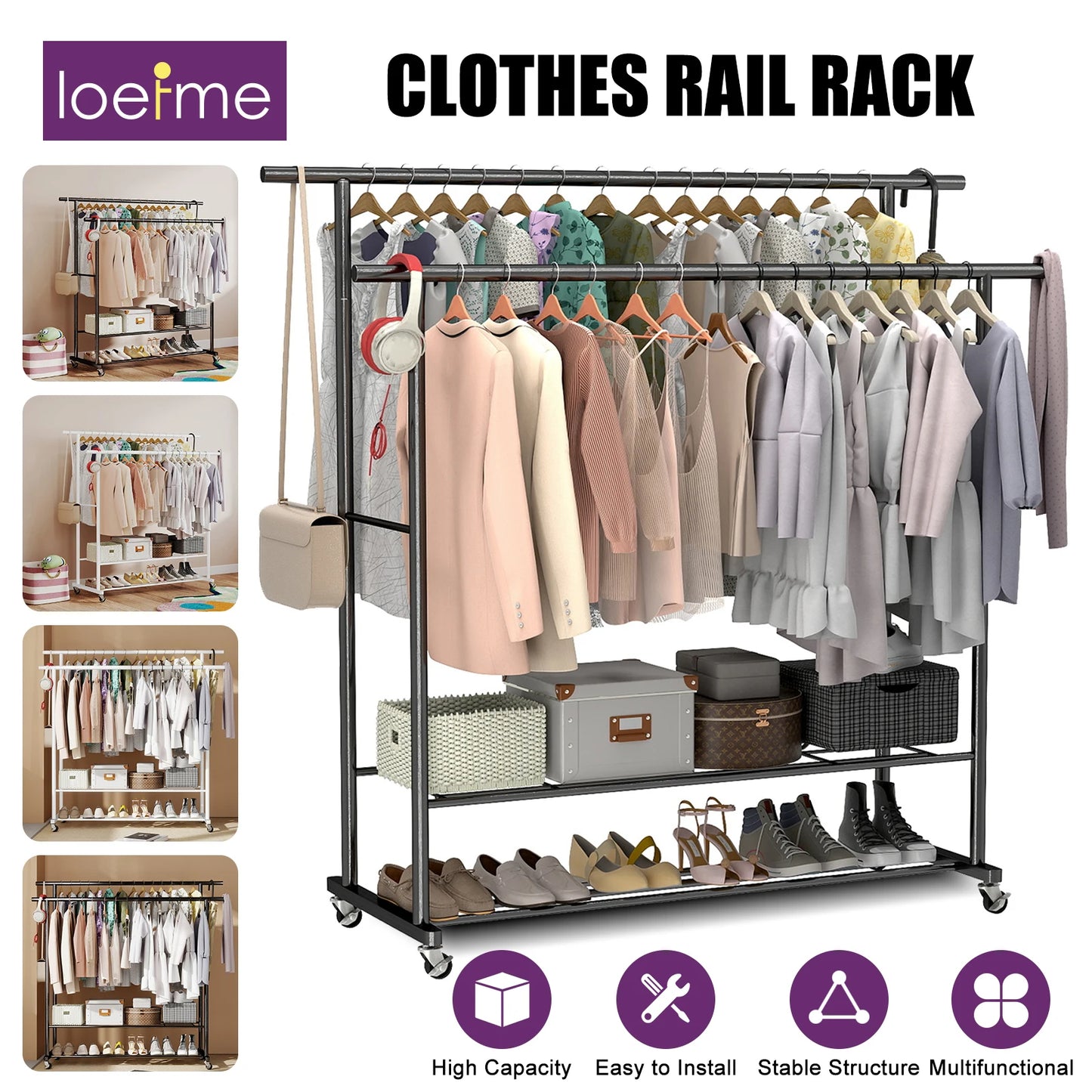 Portant vêtements en métal avec rangement chaussures et accessoires