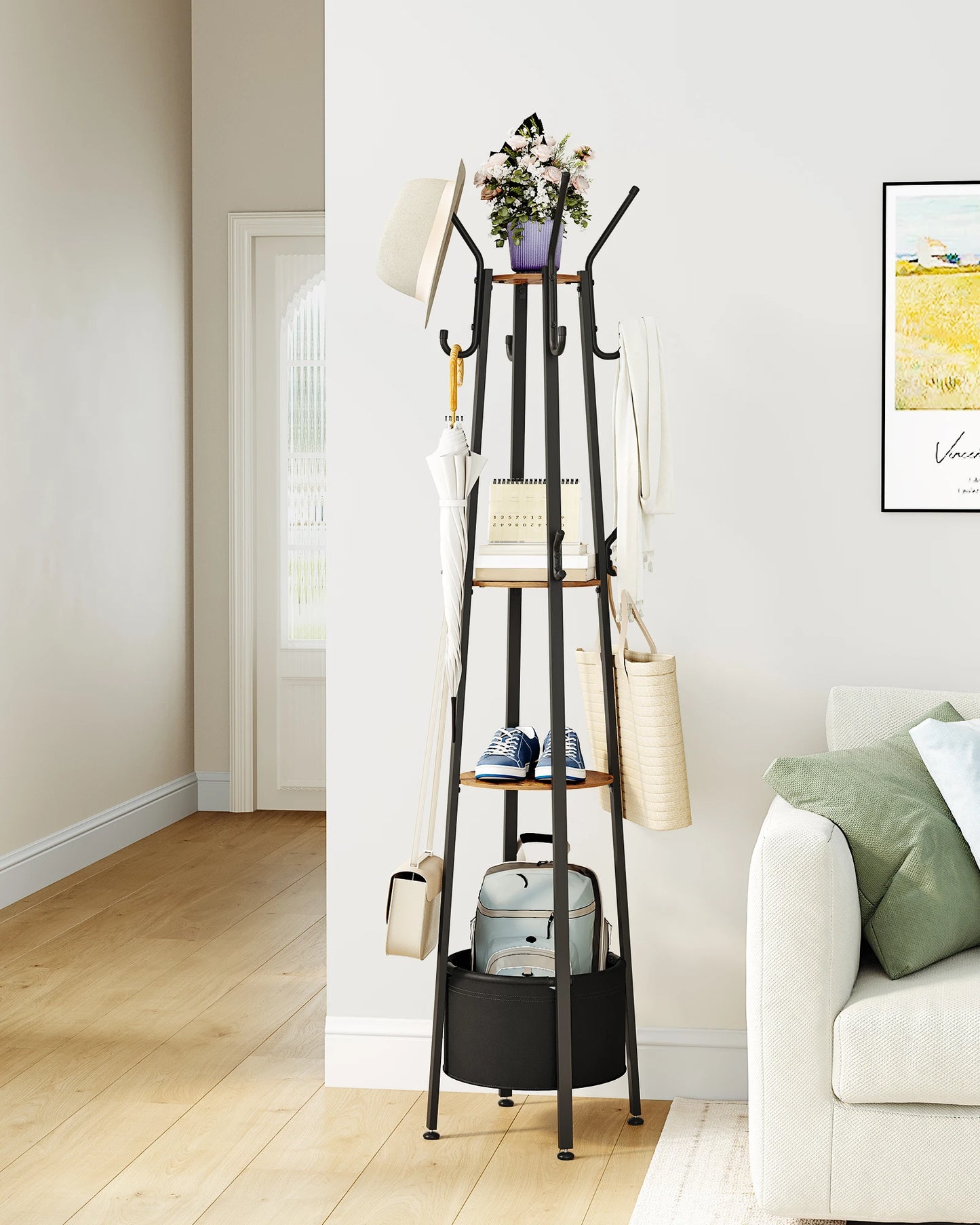 Portant vertical bois et métal avec 3 étagères et 16 crochets, stable