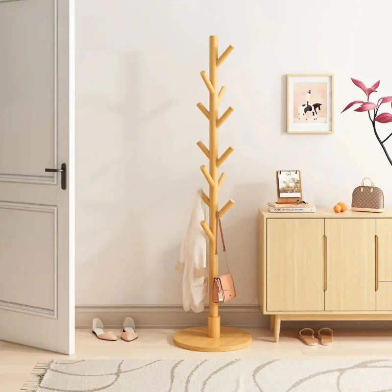 Porte-manteau sur pieds en bois naturel avec 12 crochets stable