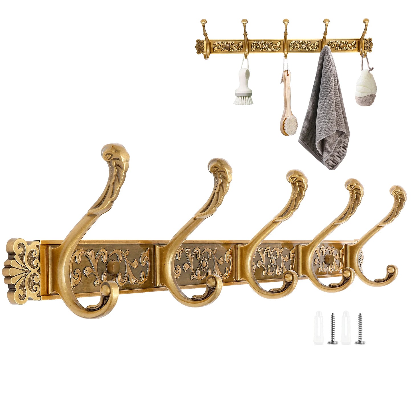 Porte-manteau mural en aluminium doré antirouille 5 crochets 52 cm