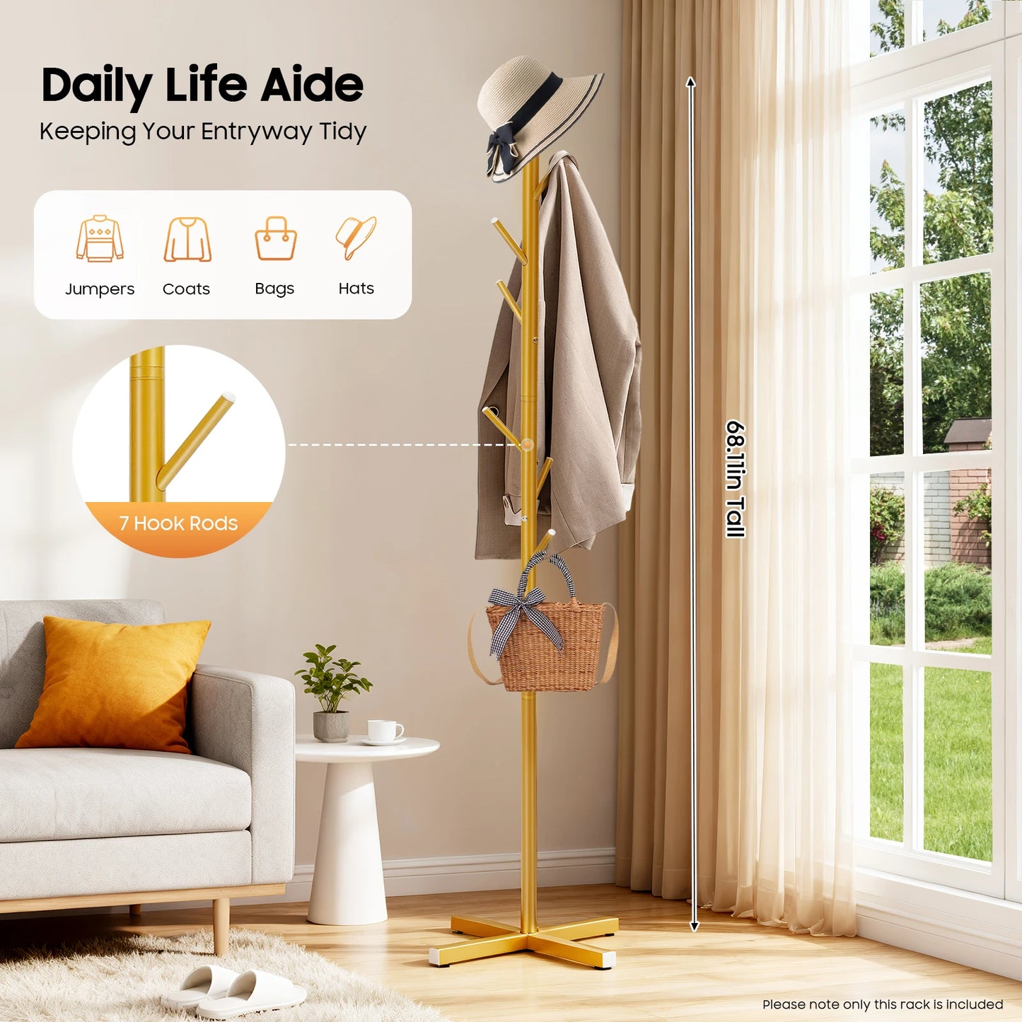 Porte-manteau arbre en fer doré, forme stable, 173 cm