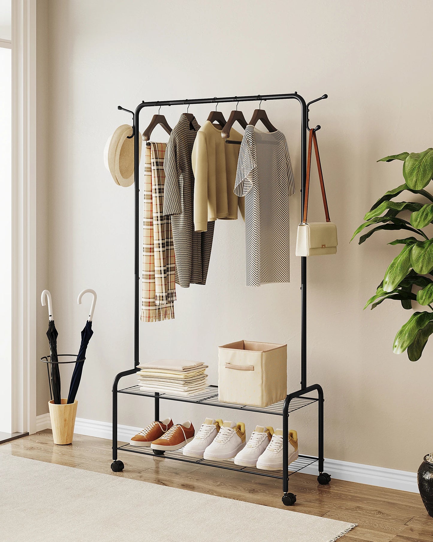 Portant 3-en-1 en acier avec roulettes et étagères noir