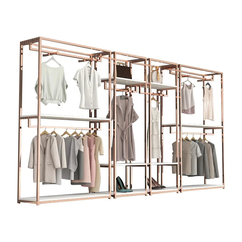 Portant vêtements pliable en acier inoxydable rose gold pour boutique