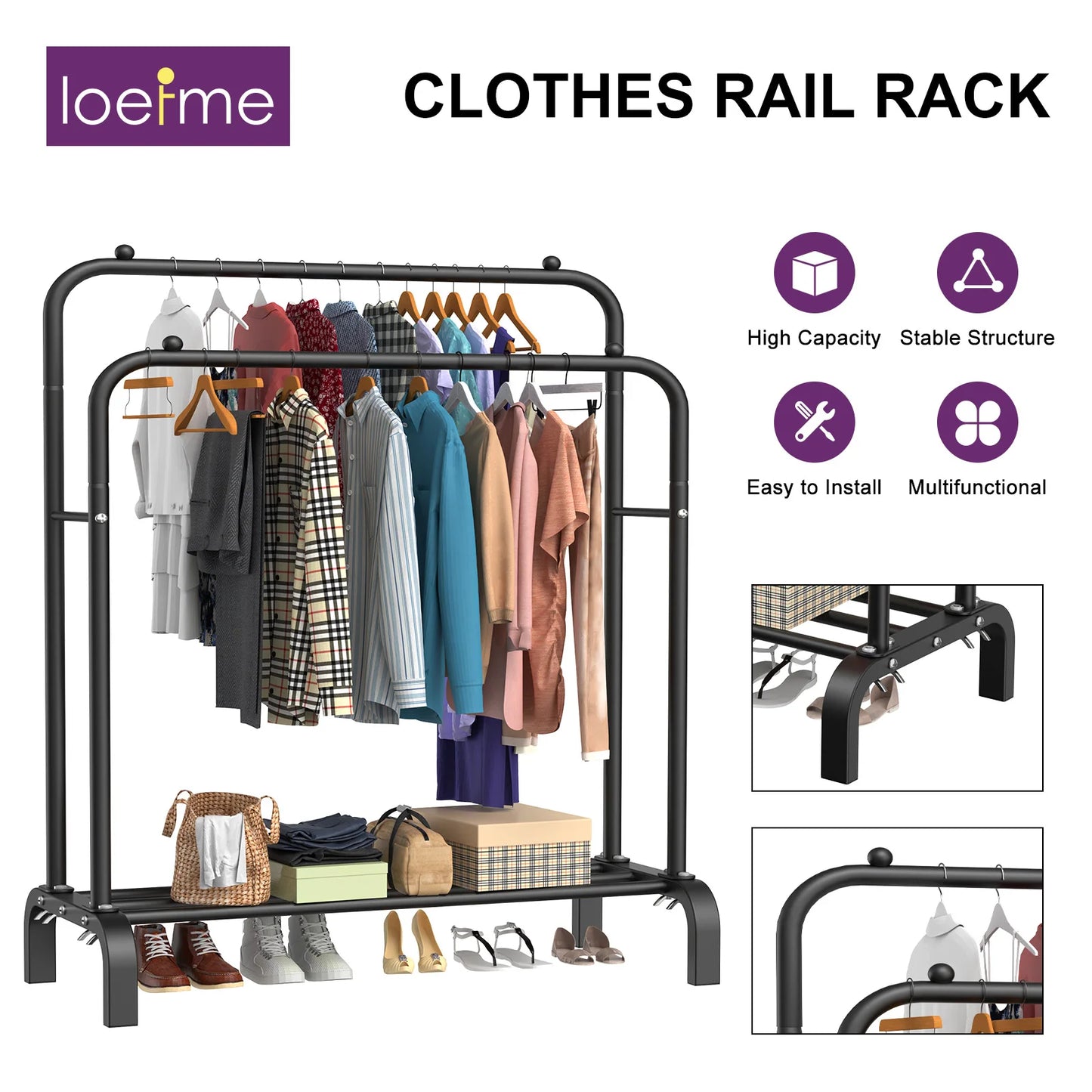 Portant vêtements double barre en métal, double espace de rangement stable