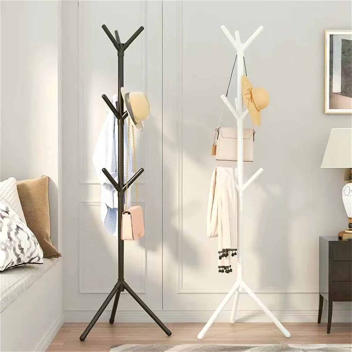 Porte-manteau arbre vertical en métal et plastique, stable, noir et blanc