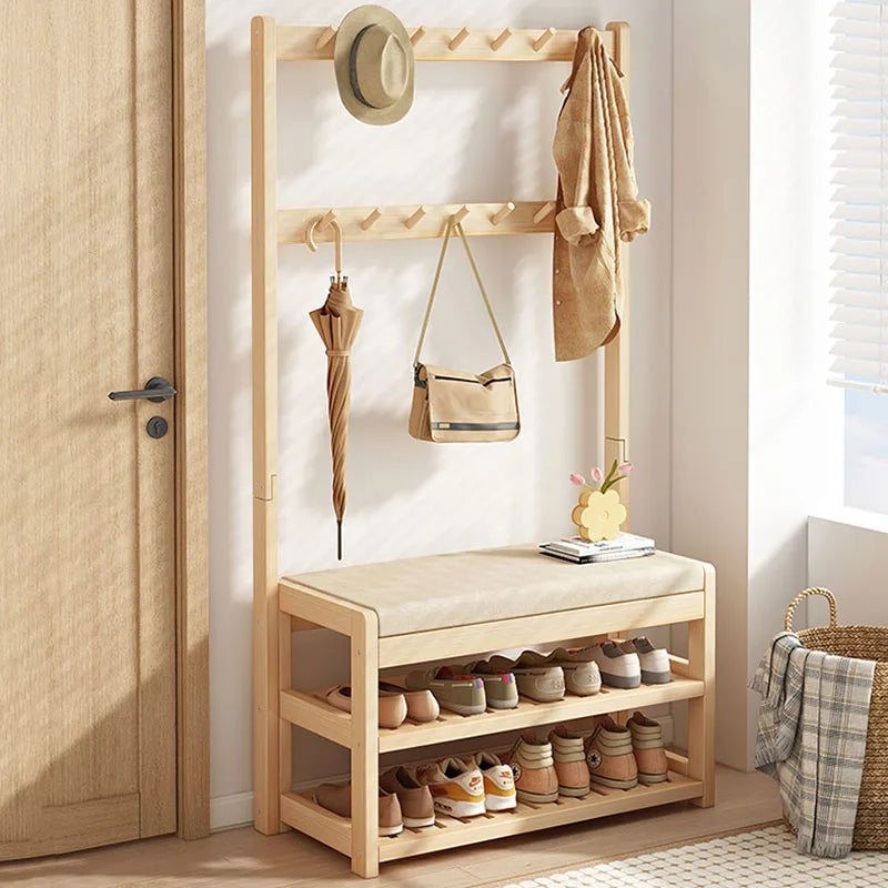 Porte-manteau vertical en bois naturel avec 4 crochets et rangement chaussures