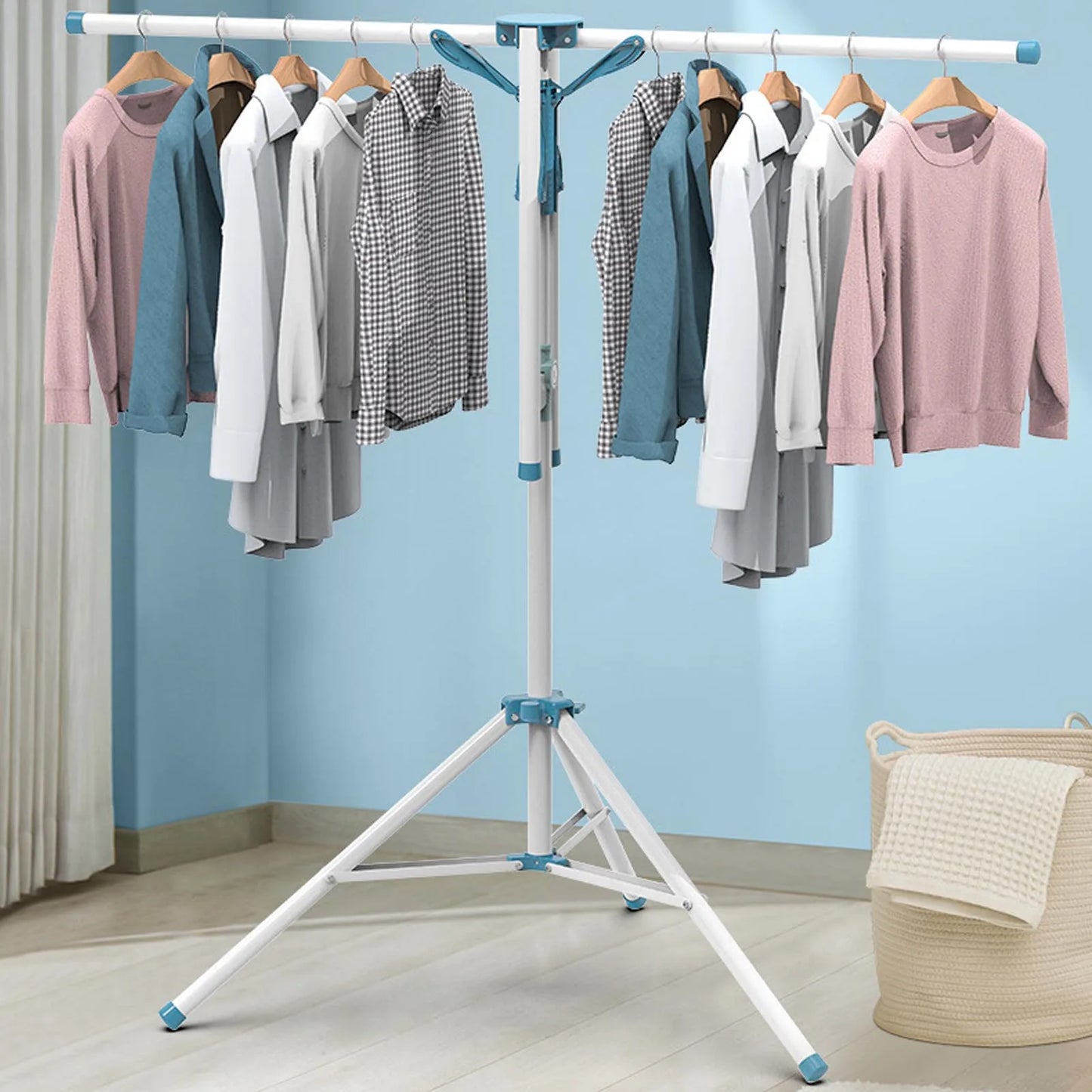 Étendoir à linge intérieur pliable en acier, 4 bras, bleu stable