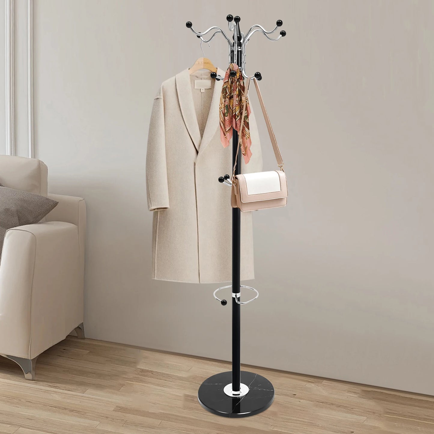 Porte-manteau vintage en acier inoxydable, rotation 360°, noir, 170 cm