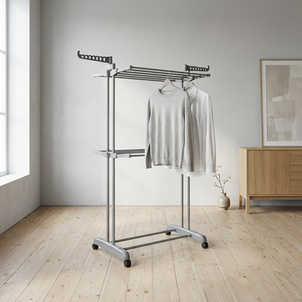 Étendoir à linge pliable grande capacité en acier gris avec roulettes frein