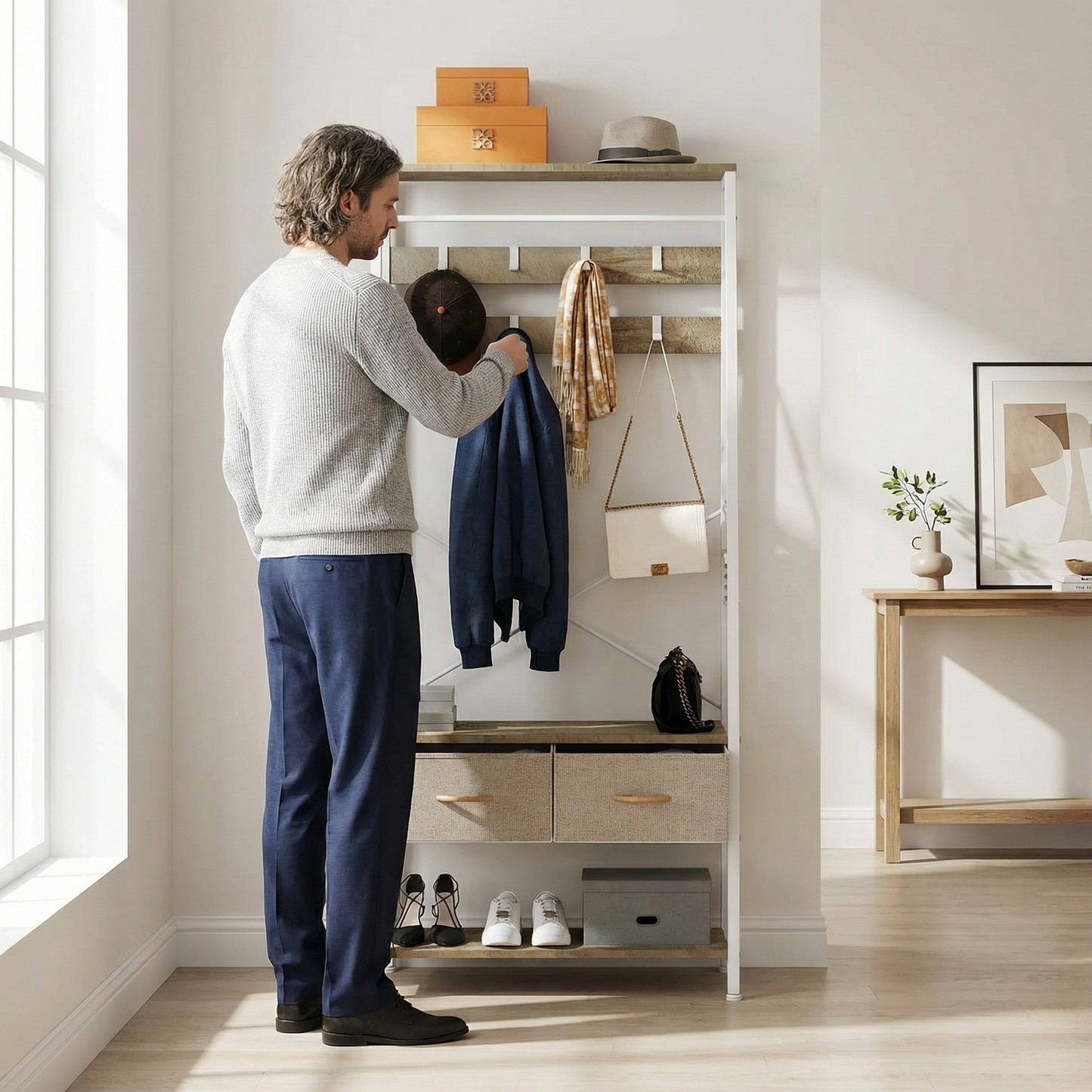 Porte-manteau en bois avec banc avec tiroir