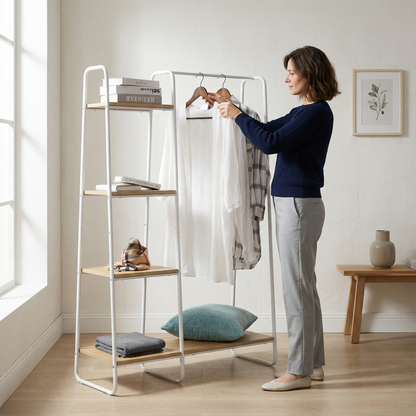 Petit portant vêtement métal avec étagères MDF blanc