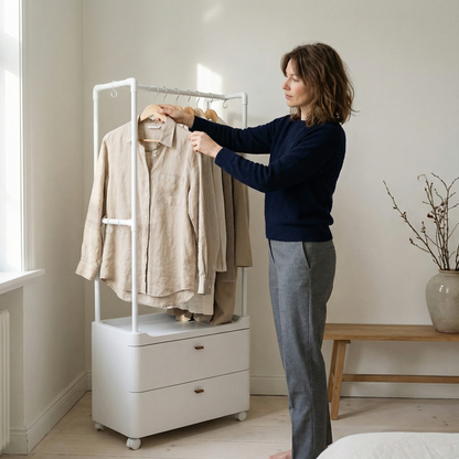 Portant vetement en métal avec rangement intégré multifonctionnel