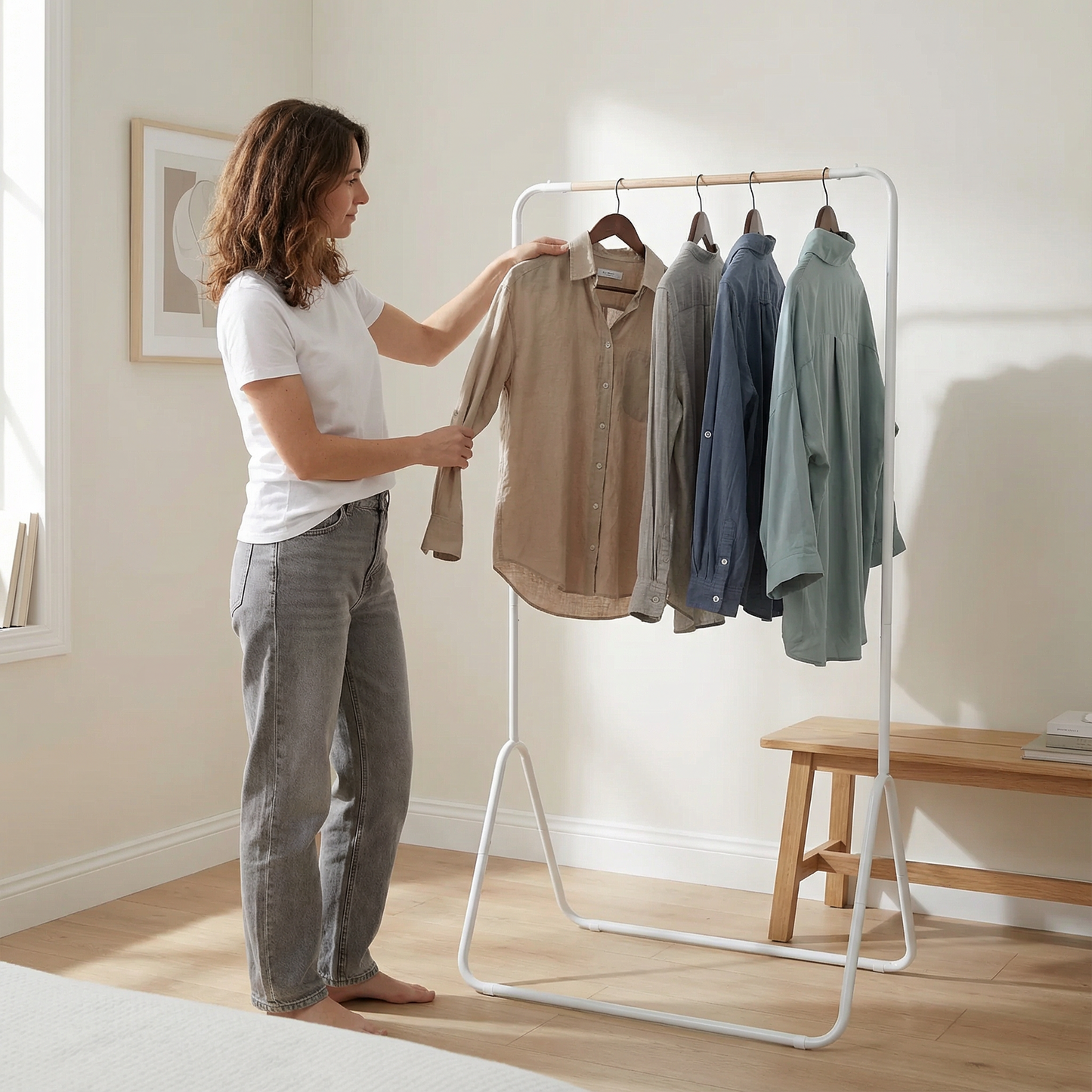 Portant vêtements en métal et bois, stable et résistant, blanc et noir