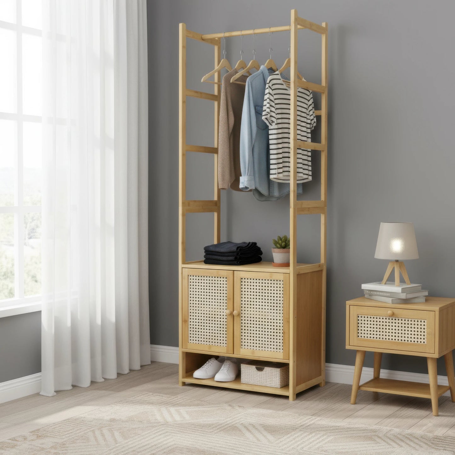 Portant en bambou avec tiroirs et étagère de rangement pratique