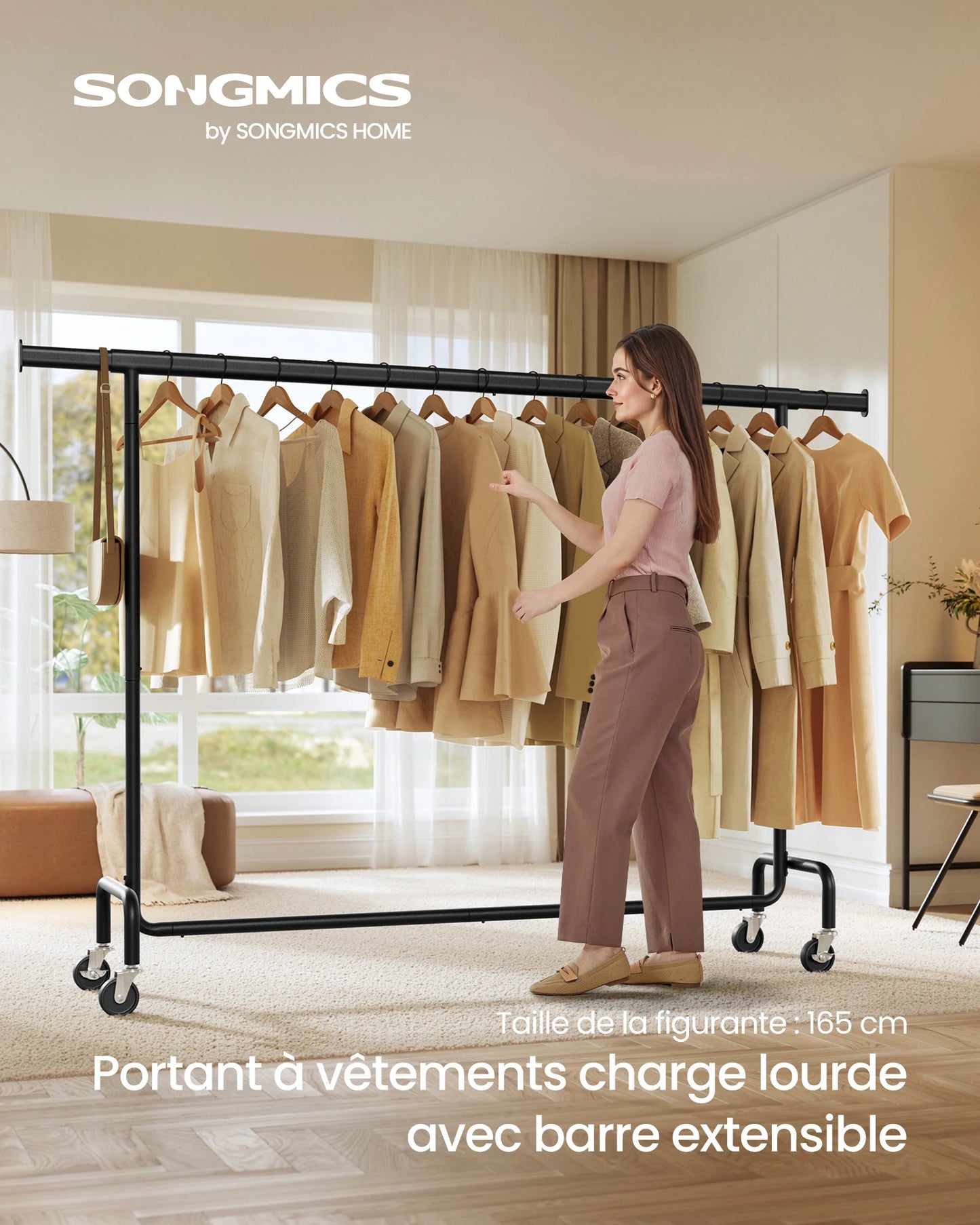 Portant vêtements extensible en acier noir avec roulettes verrouillables