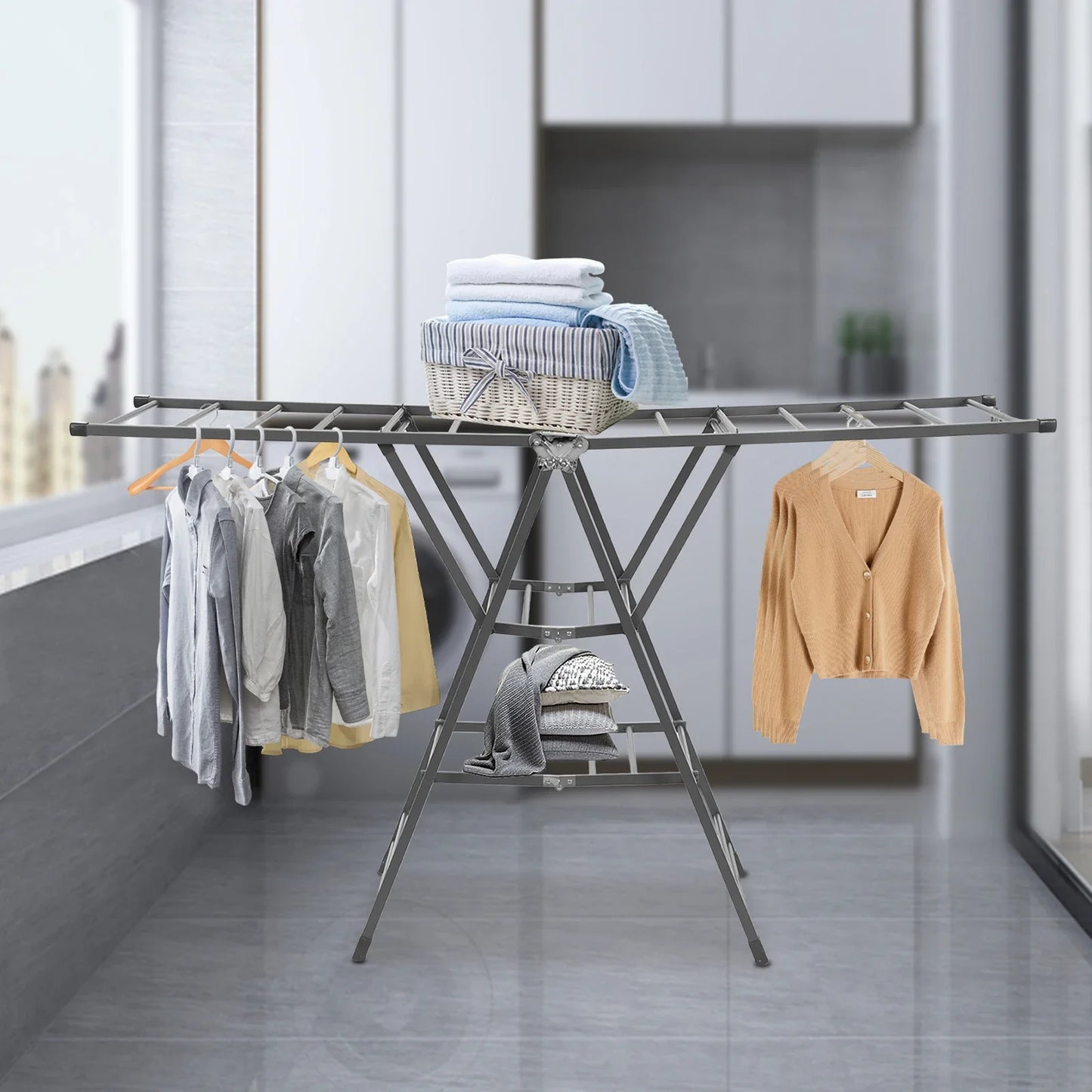 Étendoir à linge balcon pliable en fer avec étagères réglables gris