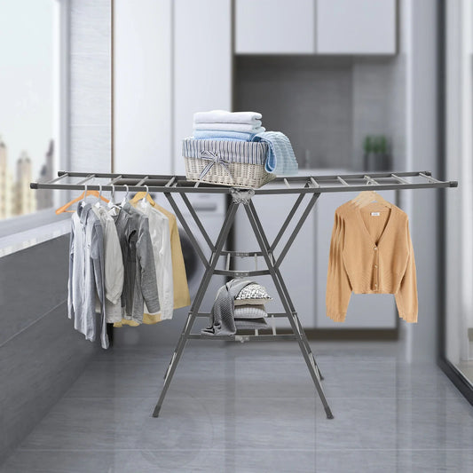 Étendoir à linge balcon pliable en fer avec étagères réglables gris