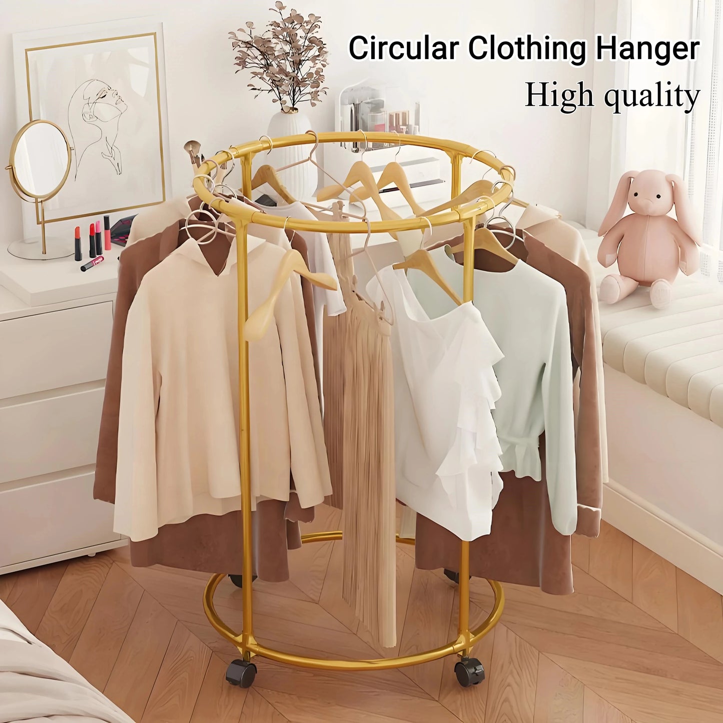 Portant vêtements rond rotatif 360° en métal doré avec roulettes