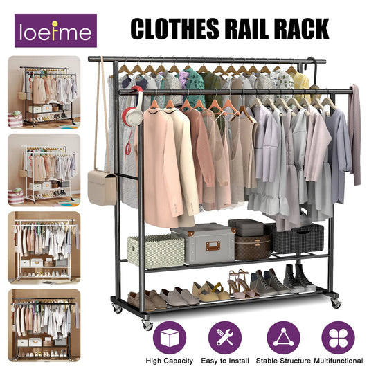 Portant vêtements en métal avec rangement chaussures et accessoires