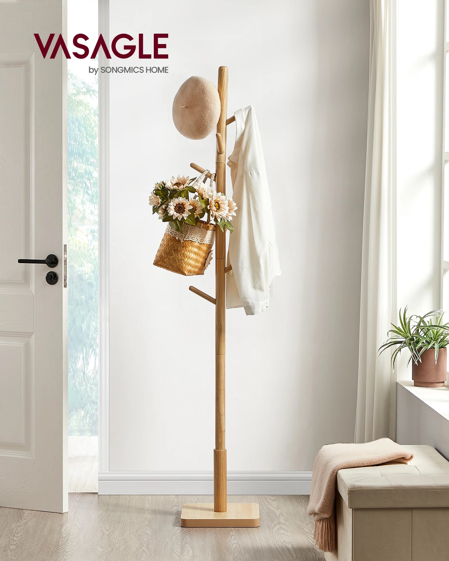Porte-manteau multifonction en bois d’hévéa avec base stable 175 cm