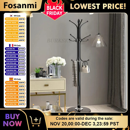 Portant sur pied en métal noir avec 12 crochets et base stable