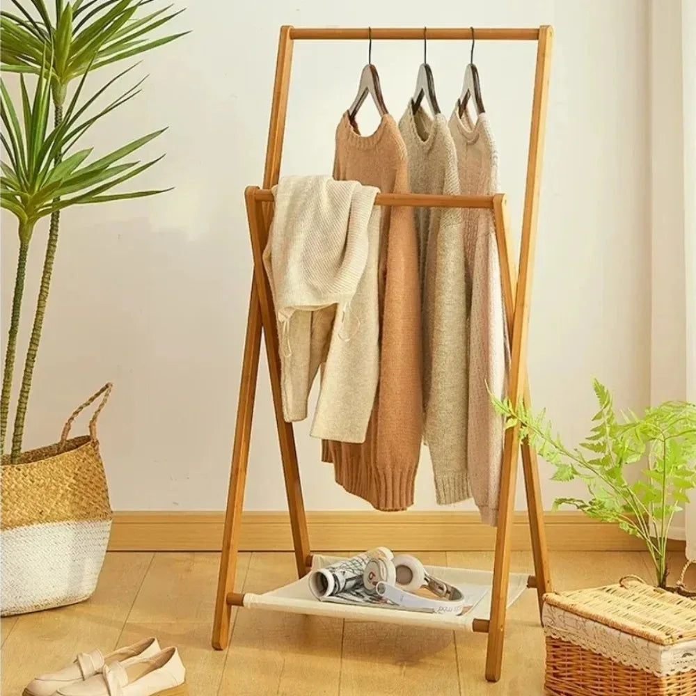 Portant vêtement pliable en bambou naturel, rangement compact