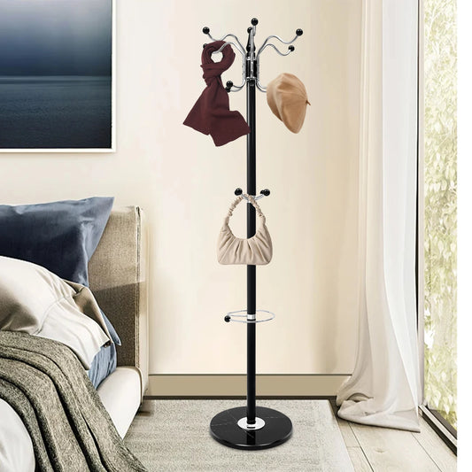 Porte-manteau sur pied en acier noir avec base stable en marbre