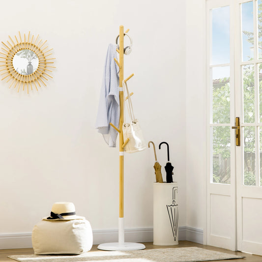 Porte-manteau tronc d’arbre en bambou et métal blanc, 8 crochets, base stable