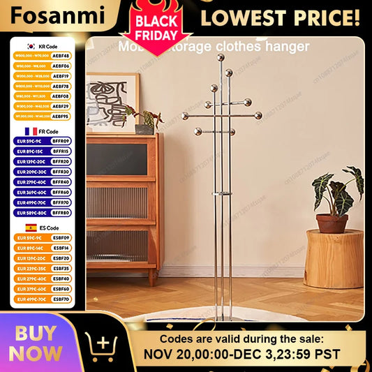 Porte-manteau vertical en fer forgé et acier inox, base marbre stable