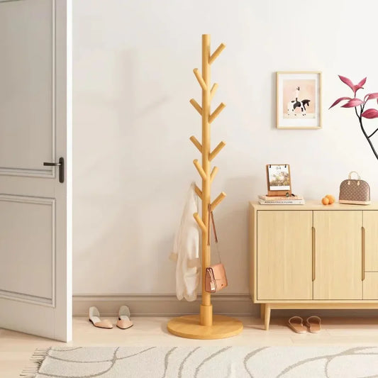 Porte-manteau sur pieds en bois naturel avec 12 crochets stable