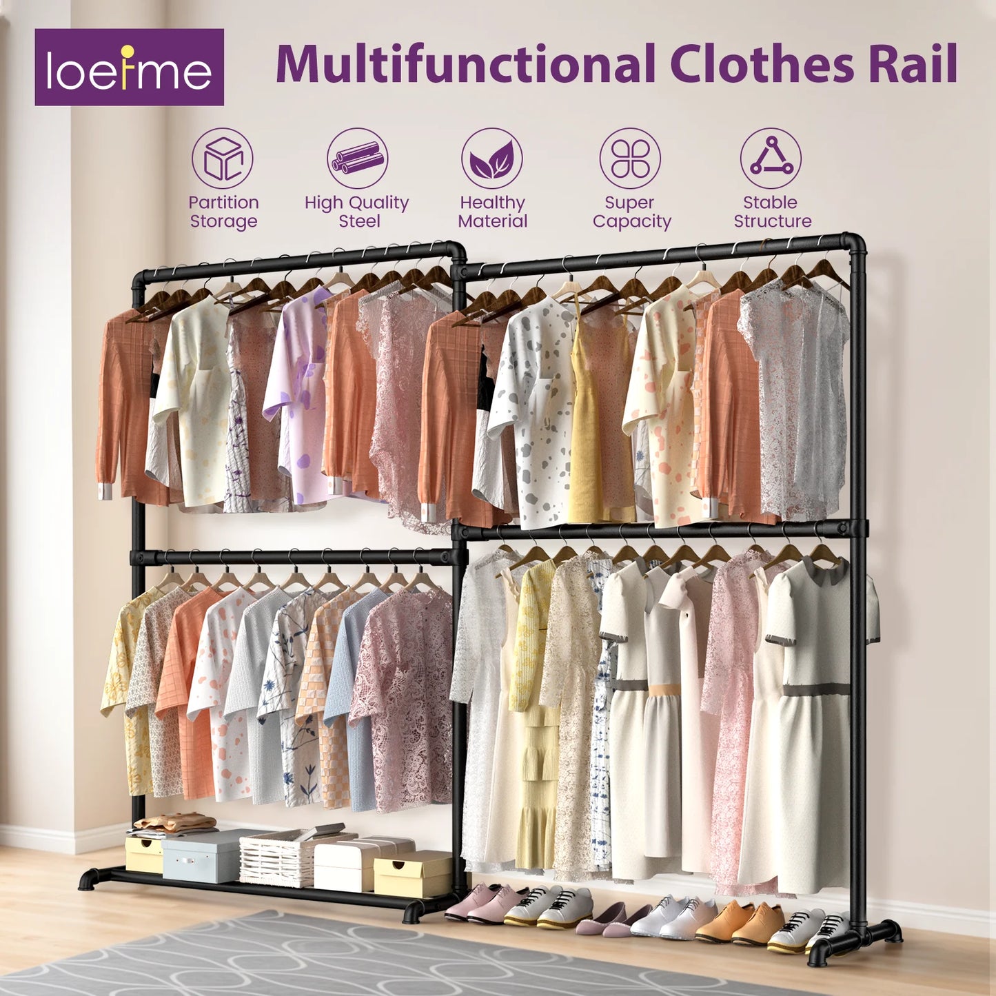 Portant vêtements pliable grande hauteur en métal noir avec base stable