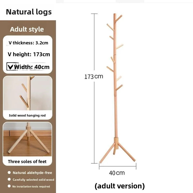 Porte-manteau vertical en bois avec base stable et crochets multi-angles