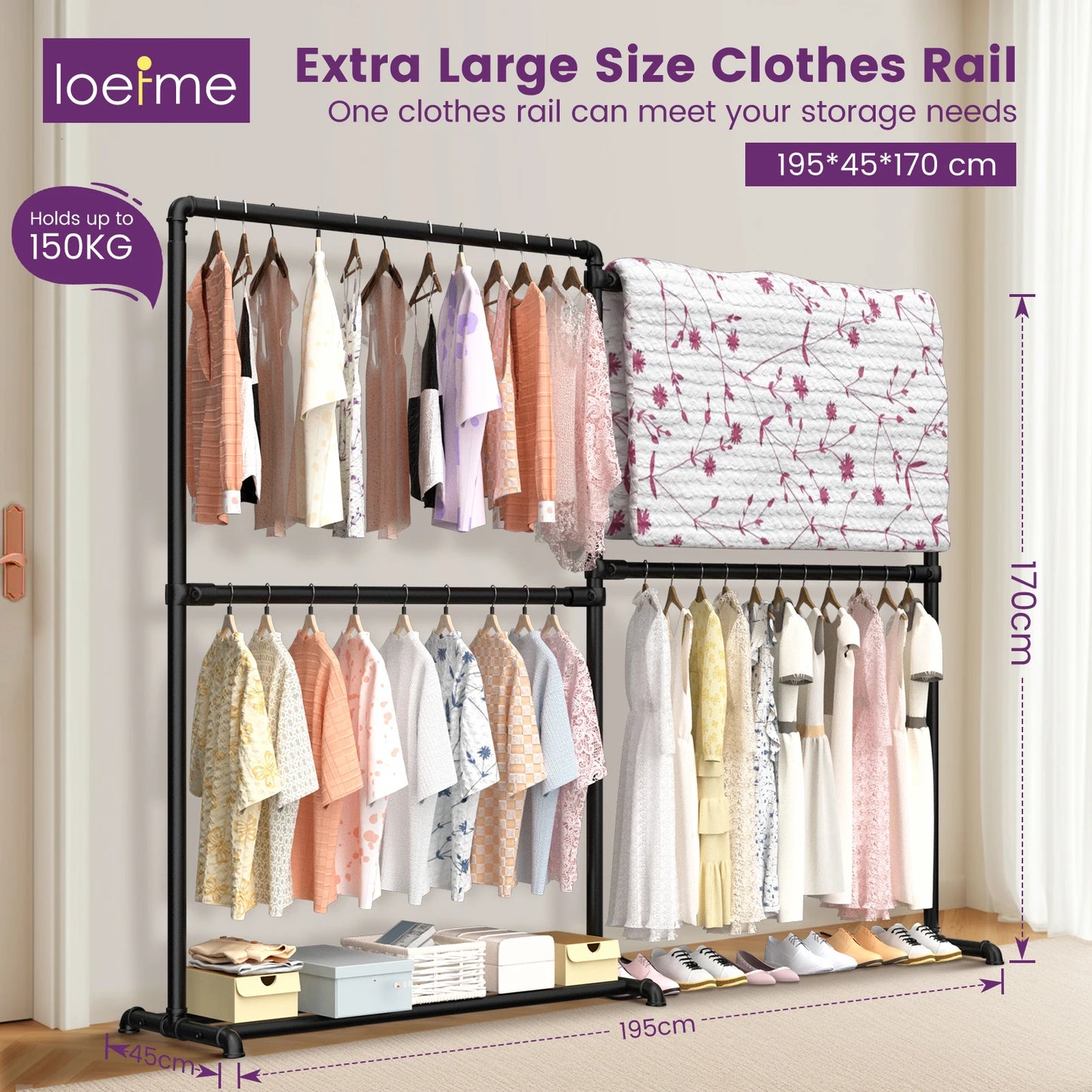 Portant vêtement pliable en métal avec base stable noir