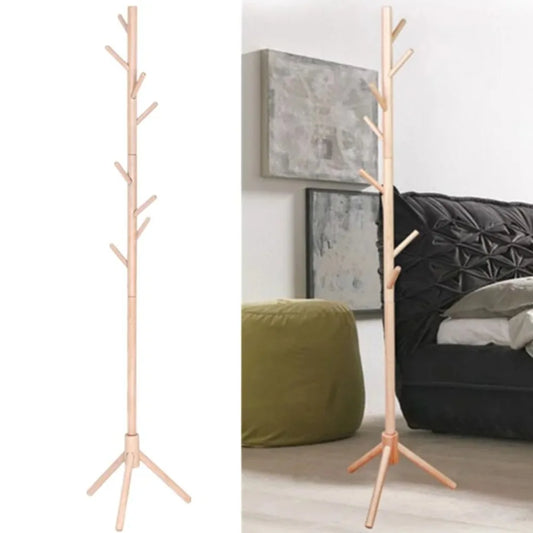 Porte-manteau arbre en bois massif beige avec base stable et rangement vertical