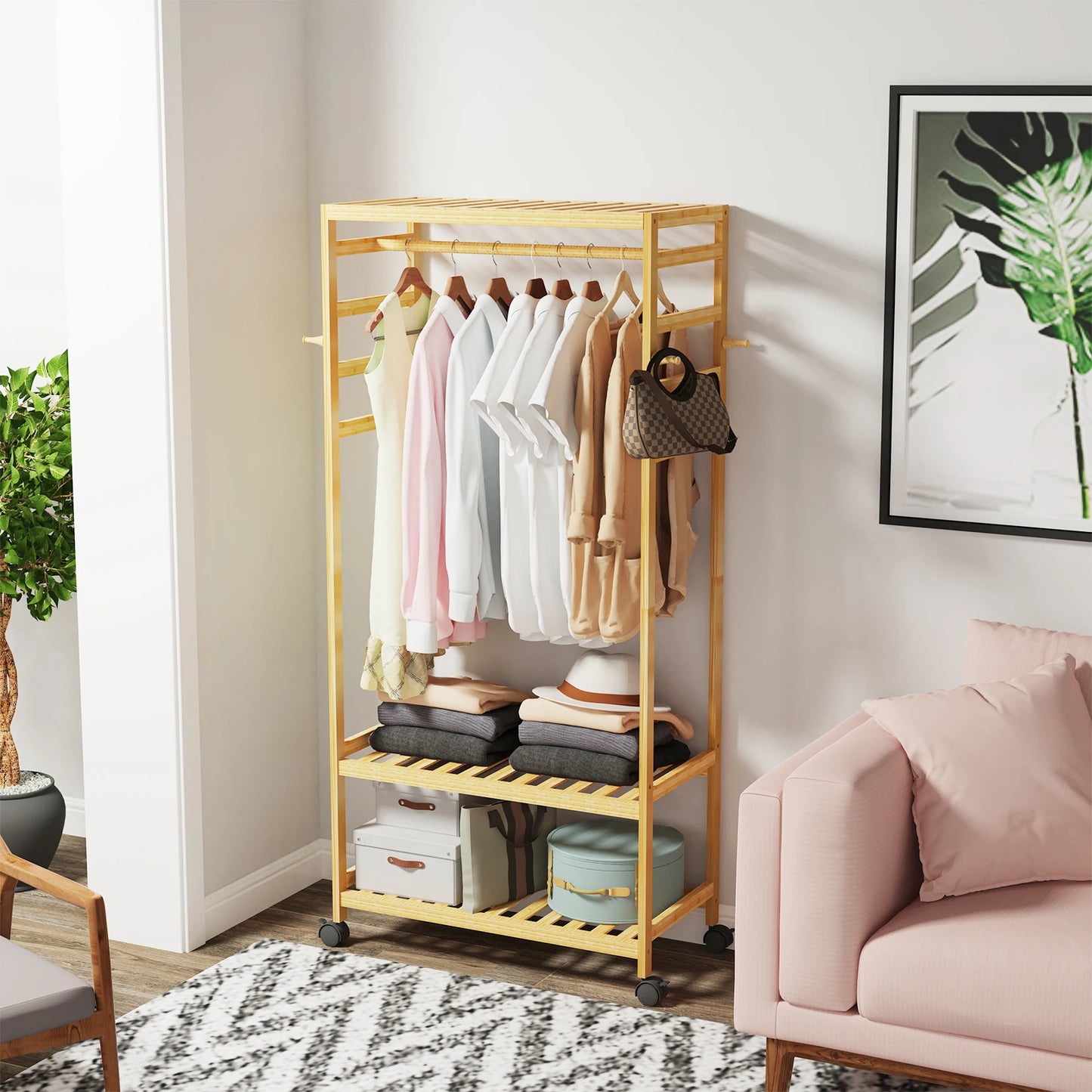 Portant vêtements 2 niveaux en bambou naturel avec roulettes et étagères
