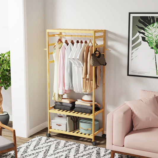 Portant vêtements 2 niveaux en bambou naturel avec roulettes et étagères