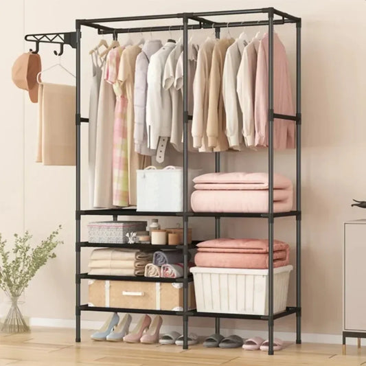 Grand portant double barre en plastique avec étagères modulables