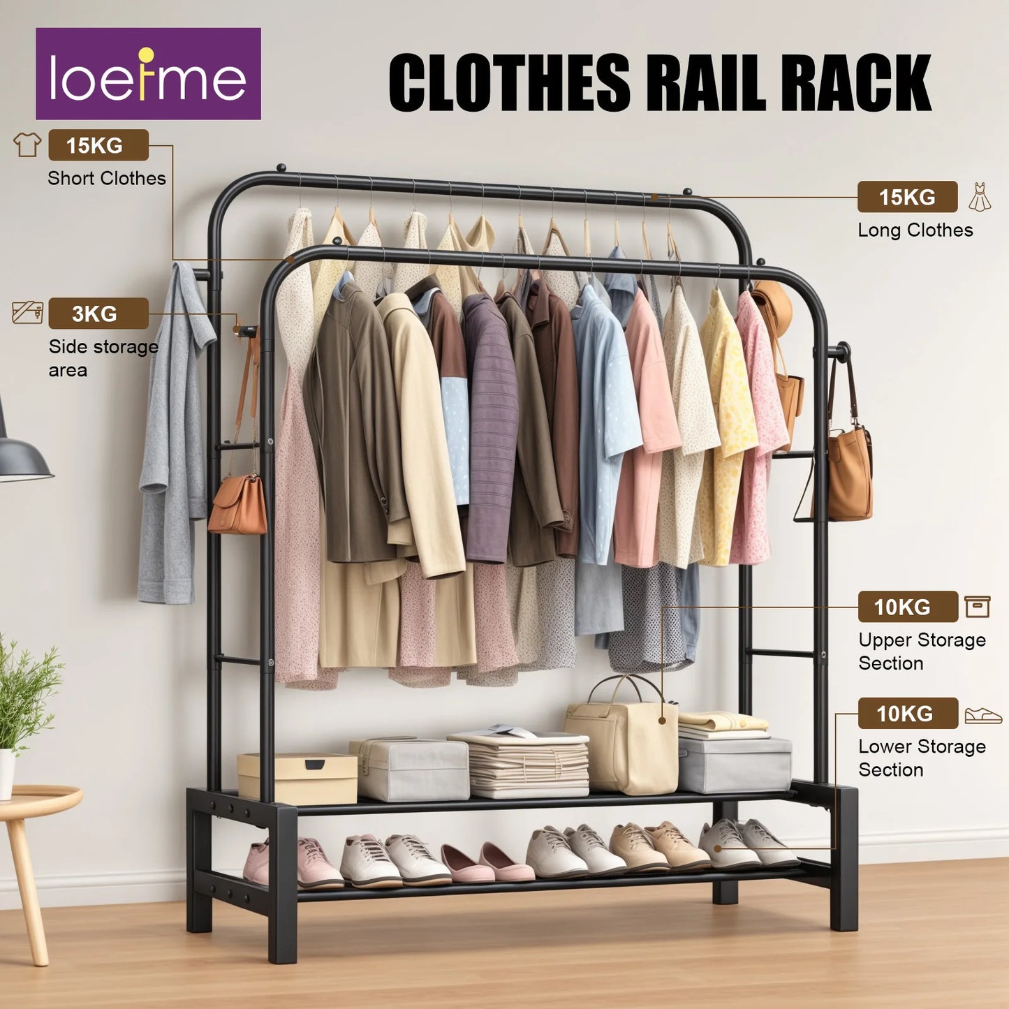 Portant vêtements pliable en acier noir, capacité 100 kg compact