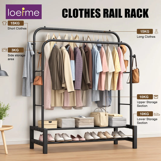 Portant vêtements pliable en acier noir, capacité 100 kg compact