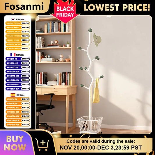 Porte-manteau arbre en métal avec roulettes et panier amovible