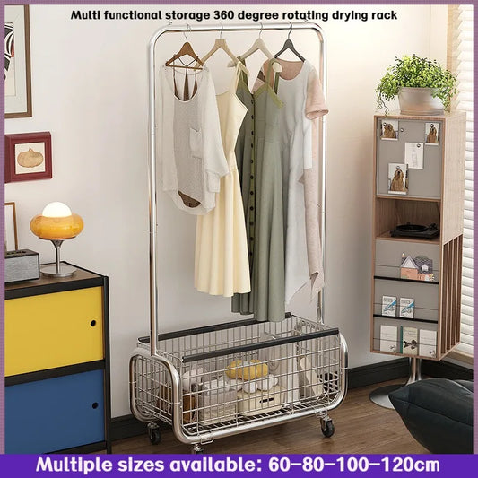 Portant pliable sur roulettes avec panier à linge intégré