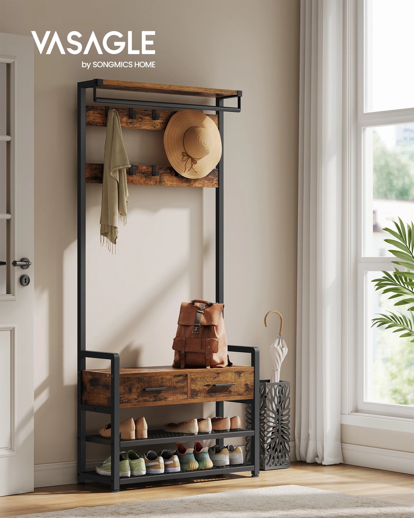Porte-manteau d’entrée en acier et bois avec banc intégré marron noir