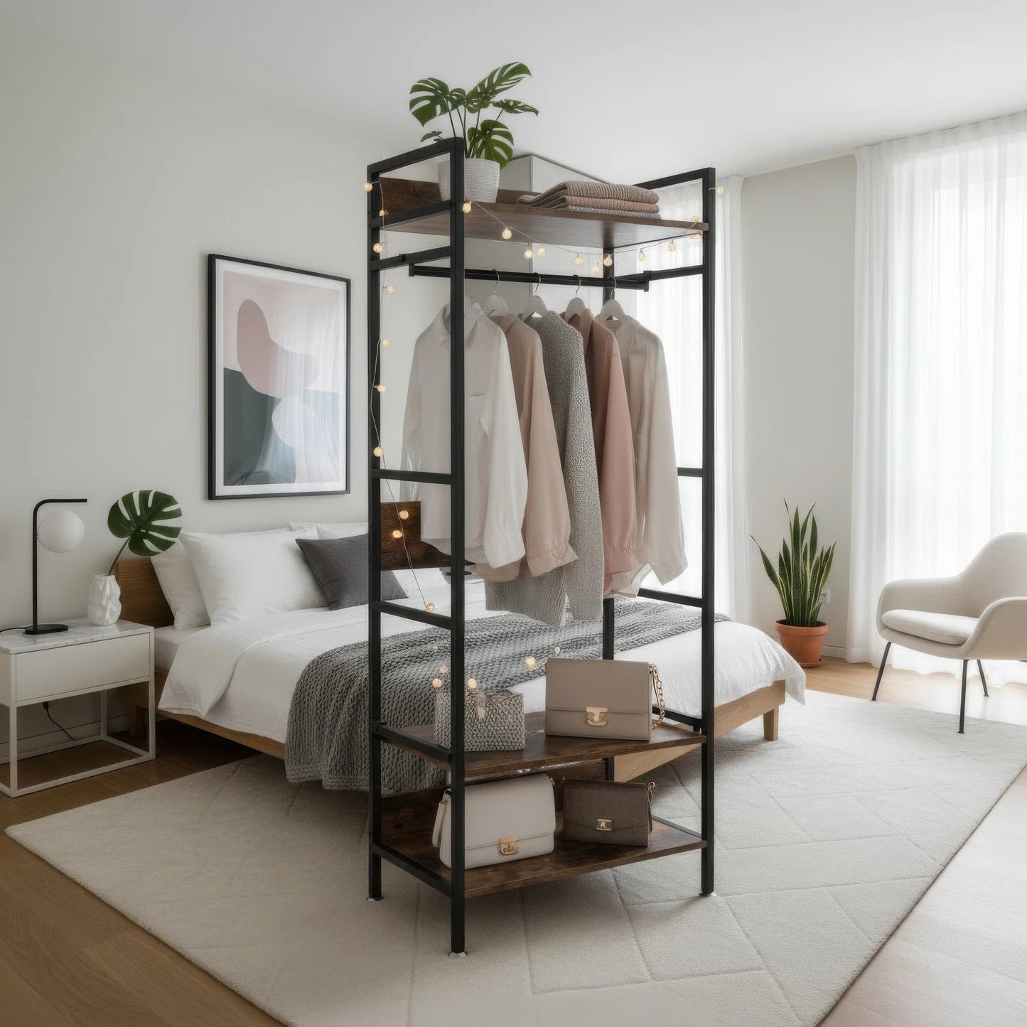 Portant vêtements métal noir industriel 2m avec étagères réglables