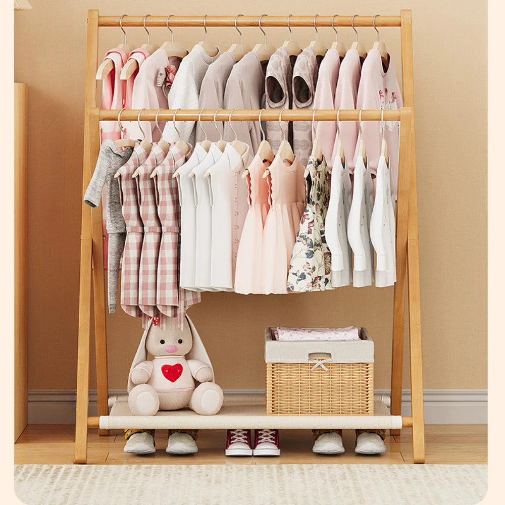 Portant double pliable en bois solide pour vêtements, gain de place