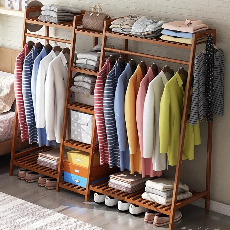 Portant vêtements bois à deux étages avec 4 crochets, rangement vertical