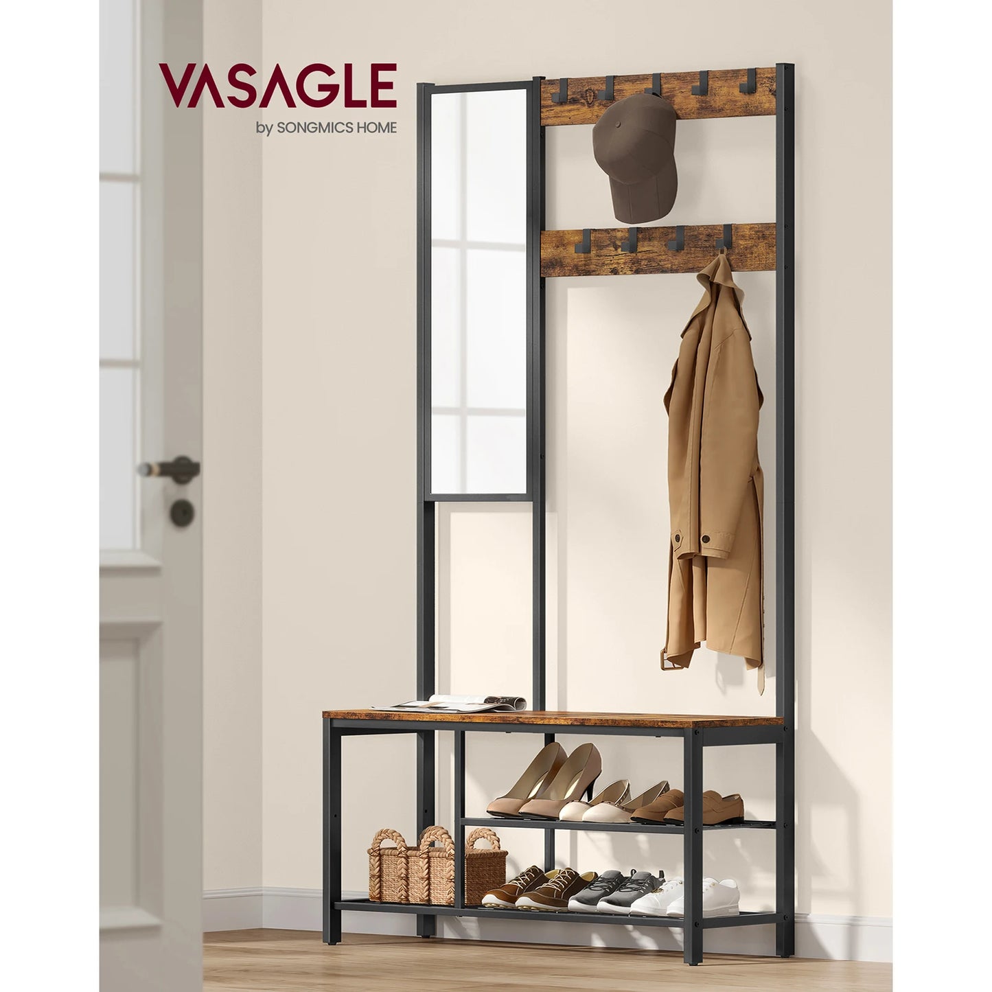 Porte-manteau sur pied en bois marron rustique avec miroir et acier noir