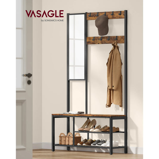 Porte-manteau sur pied en bois marron rustique avec miroir et acier noir