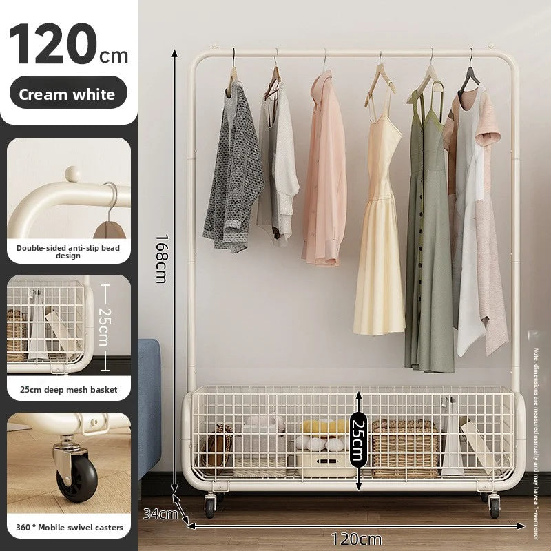 Portant pliable sur roulettes avec panier à linge intégré