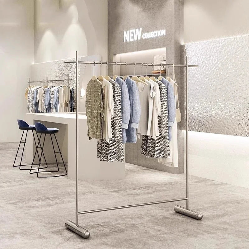Portant vêtement vertical pliable en métal inox style boutique